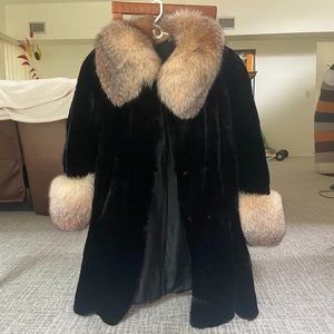 Beautiful Black Shaved Mink and Brown Fox Mid-length Fur Coat